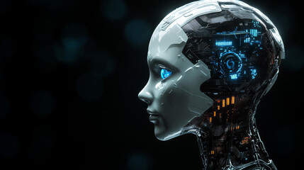 Obraz premium A side view of a female humanoid robot's head, featuring white glowing plastic skin, blue eyes, and illuminated circuitry within her skull, set against a dark background with ample space for text. 3D 
