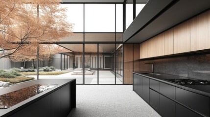 A sleek open kitchen overlooking a Japanese courtyard through a series of large