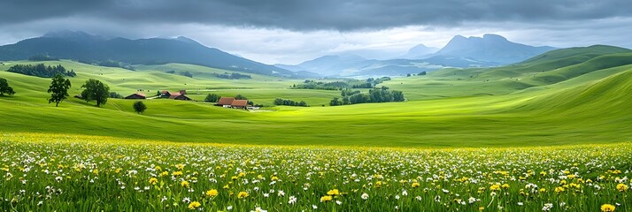 Fototapeta premium Breathtaking landscape of lush green meadows dotted with vibrant wildflowers surrounded by rolling hills and a serene pastoral vista