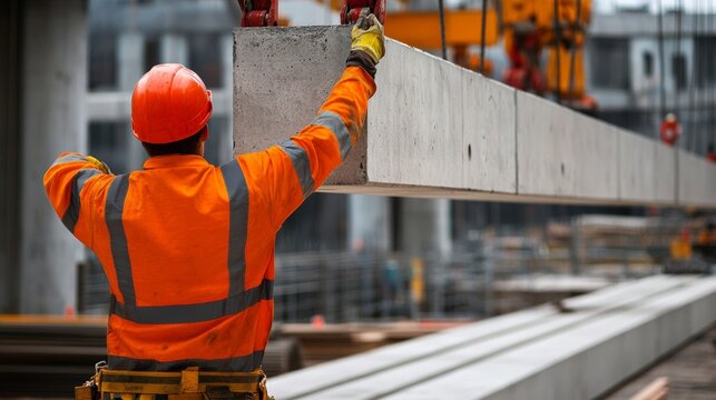 A construction worker guiding a crawler crane to position precast concrete beams for a bridge construction, Precast beam positioning scene, Infrastructure development style
