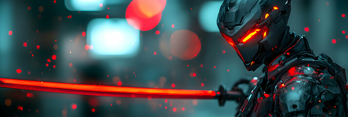 Futuristic Armored Warrior Character Holding a Brightly Lit Weapon