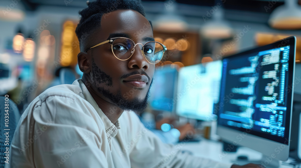 Poster A black software developer working on a computer while in an office with high technology equipment, data systems, and programming.