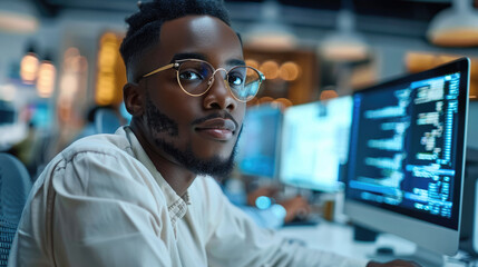 Fototapeta premium A black software developer working on a computer while in an office with high technology equipment, data systems, and programming.