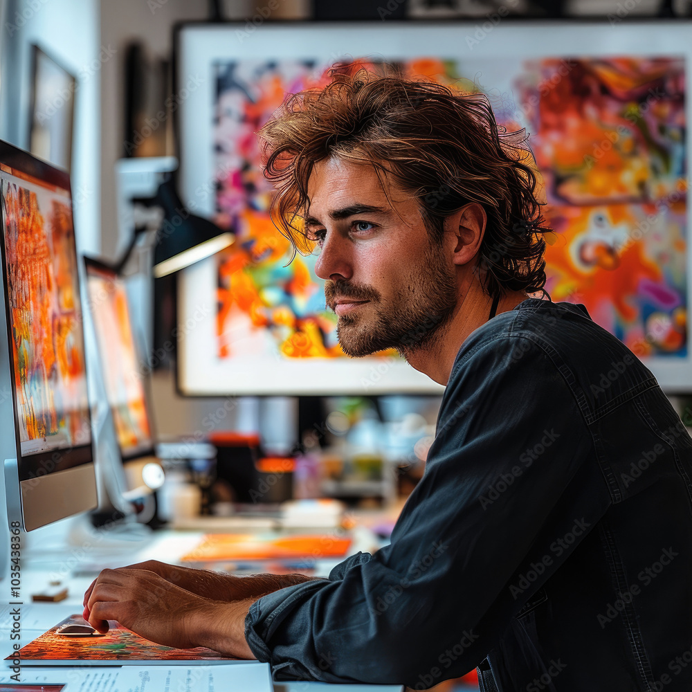Aufkleber male graphic designer looking at two displays working on colorful artwork.