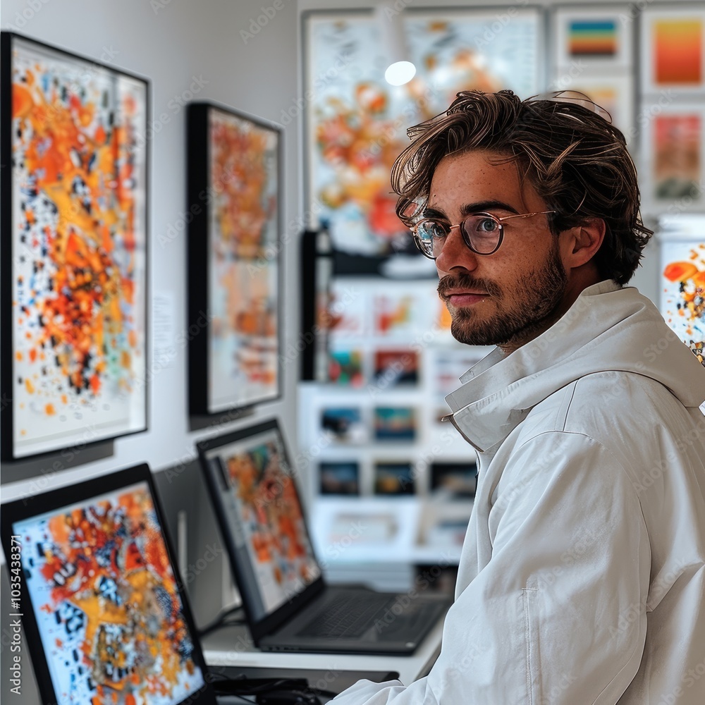 Poster Male graphic designer looking at two displays working on colorful artwork.