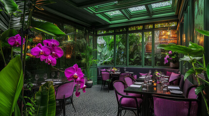 Naklejka premium Tables adorned with orchids and violet chairs beneath a green ceiling