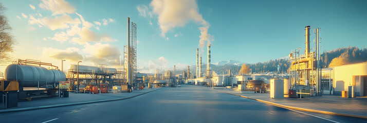 Fototapeta premium Panoramic View of Industrial Complex with Smoke Stacks Under Blue Sky