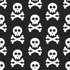 seamless pattern of white skulls and crossbones in flat design style on a black background