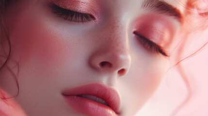 Naklejka premium Soft pink makeup look with glowing skin, Close-up of radiant beauty with pink tones. Soft pink blush makeup with flawless skin. Cosmetics photo, beauty industry advertising photo.