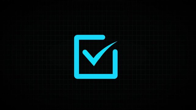 Check mark symbol with square box. Glowing check mark animation icon. Tick finishing confirm yes, right ,ok sign animated on black background.