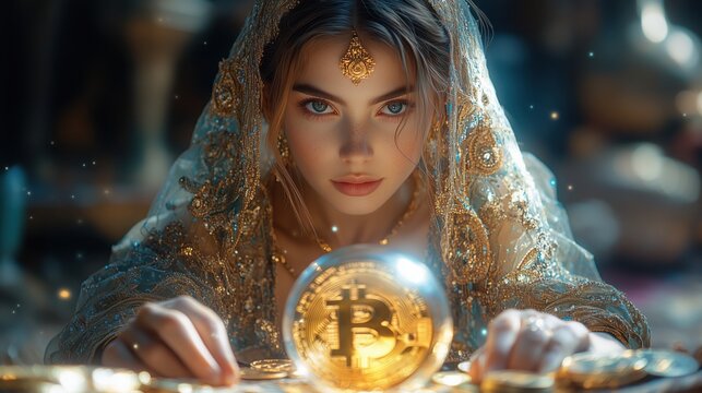 Mysterious fortune teller with crystal ball and golden bitcoin emblem