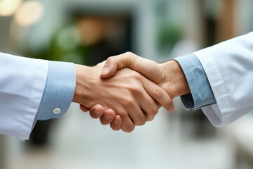 Two individuals in lab coats shake hands in a bright healthcare facility, reflecting partnership and cooperation