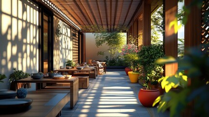 A sophisticated Japanese-inspired breakfast terrace with sleek wooden furnishings