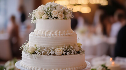 A wedding cake alongside a bride and groom, symbolizing a marriage proposal.



