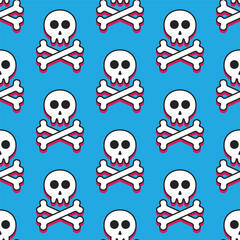 seamless pattern of white skulls and crossbones with black outline and red shadows on a blue background