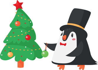 Penguin decorating christmas tree. Winter holiday mascot