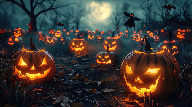 Spooky pumpkin patch at midnight, filled with Jack-o-lanterns of various sizes and expressions. Their carved grins glow with an unsettling orange light. 3D illustration.