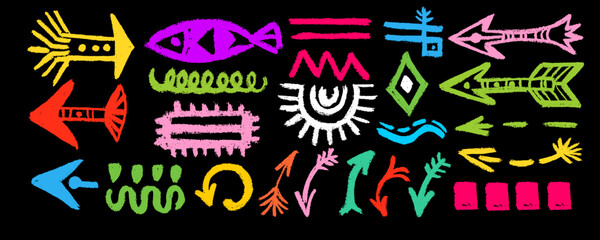 Set of colorful arrows and other geometric shapes drawn with charcoal pencil in doodle style. Tribal Aztec, African, Indian elements, symbols, icons. Vector collection with traditional tribal signs.