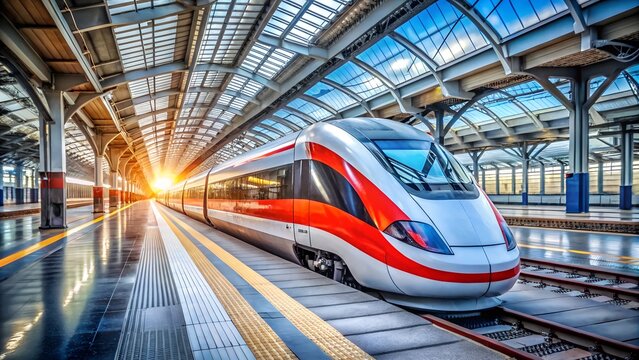 high speed commuter train on the railway station