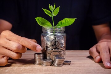 Man makes stacks of coins and plant growing from coins in glass jar on wooden table. Savings or investment concept.