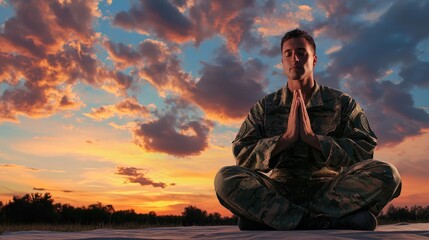 A veteran engaging in yoga or meditation as part of a holistic health program, promoting relaxation and mental clarity