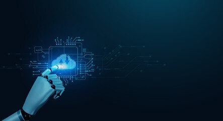 A robotic hand displaying a glowing cloud icon, representing advanced technology and artificial intelligence in a digital world.
