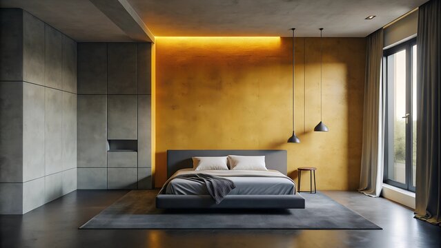 Minimalist interior design of modern bedroom with concrete dark yellow wall