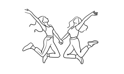 Happy girls continuous line art drawing isolated on white background. Jumping womans line art. Vector illustration	