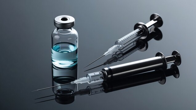 A medical syringe next to a vial of liquid, both placed on a reflective surface to highlight the sterile and precise nature of healthcare equipment.