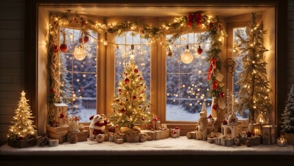 Christmas lights and decorations in the window radiate a festive mood and waiting for the holidays