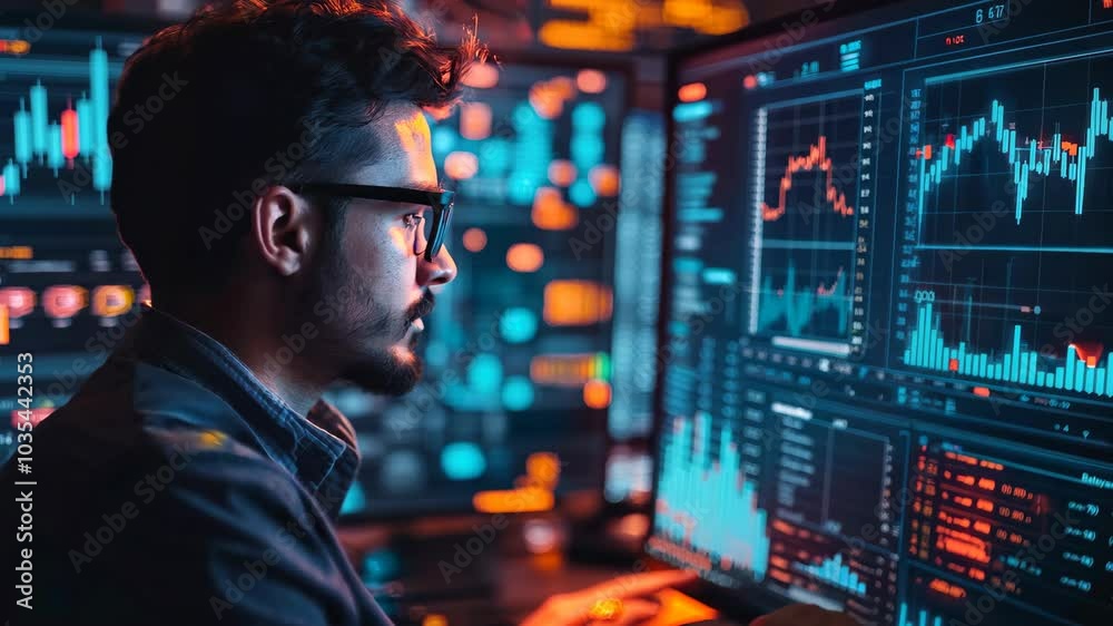 Poster A man is looking at a computer screen with a lot of numbers and graphs