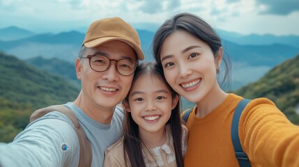 Happy east asian family enjoying nature together - perfect for family bonding and travel themes