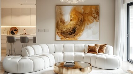 A modern living room with a curved white velvet sofa, a large gold abstract painting on the wall above the couch, a round glass coffee table in front of it.