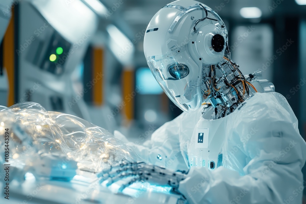 Poster a humanoid robot engages with complex data in a high-tech lab filled with illuminated equipment