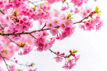 Fototapeta premium Low angle view of tree branch with pink flowers against white background adorned with red hearts