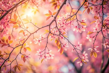 Fototapeta premium Low angle view of tree branches with pink leaves in soft sunlight, perfect for wallpaper or background