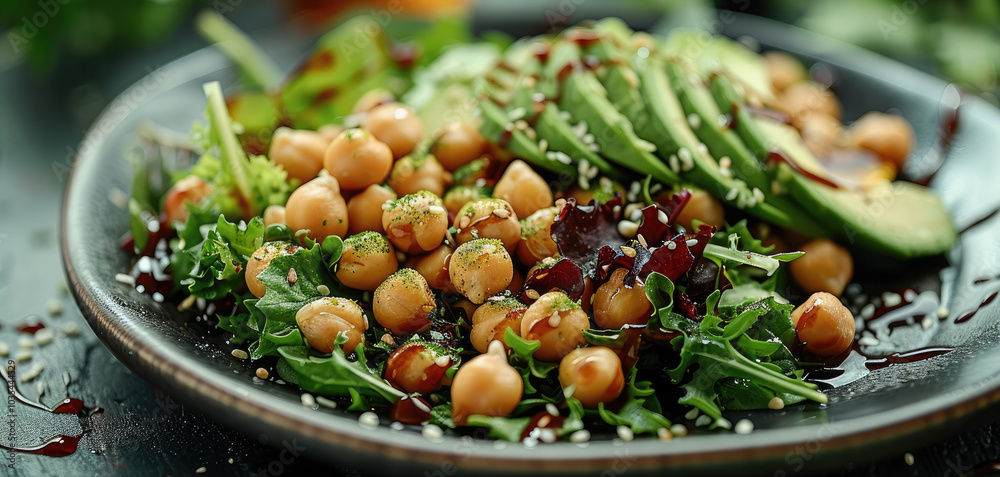 Poster A nutritious salad with mixed greens, avocado, chickpeas, and a drizzle of dressing, served on a black plate.