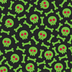 seamless pattern of red-eyed skulls and skeleton bones in green flat design style on red background, horror halloween pattern