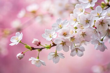Obraz premium Low angle view of white cherry blossoms with pink background