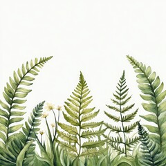 Naklejka premium Lush green ferns and delicate flowers on a white isolated background.