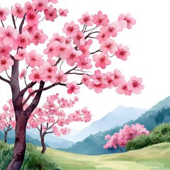 Beautiful cherry blossom trees in a serene landscape with mountains in the background.