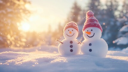 Obraz premium Cute snowman in heavy snow covered wild field at sunrise