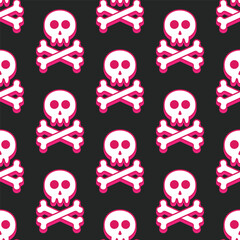 seamless pattern of skulls and crossbones in white with pink shadows on a black background
