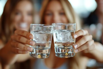 Friends toasting each other with shots of vodka, Generative AI