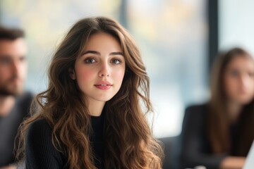 Naklejka premium Captivating gaze, radiant beauty. A young woman's portrait, elegantly framed.