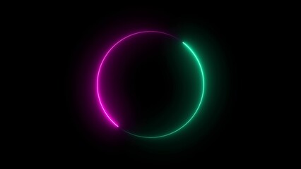 Round circle picture frame with two tone neon color shade motion graphic on black background. Neon  light moving for overlay element. Neon circle illustration.