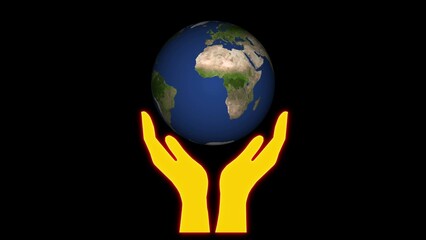 Hand holding globe icon illustration on black background.