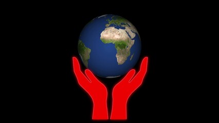 Hand holding globe icon illustration on black background.