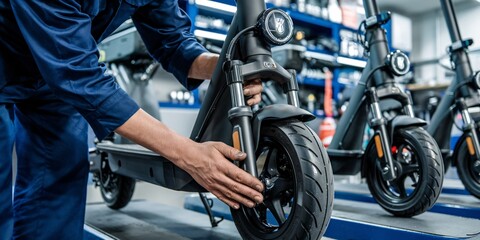 Fototapeta premium A mechanic in a workshop meticulously performs routine maintenance on a modern electric scooter. He is checking the brakes and electrical systems ensuring it's in top working condition.