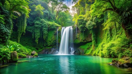 Lush green jungle waterfall cascading into clear pool